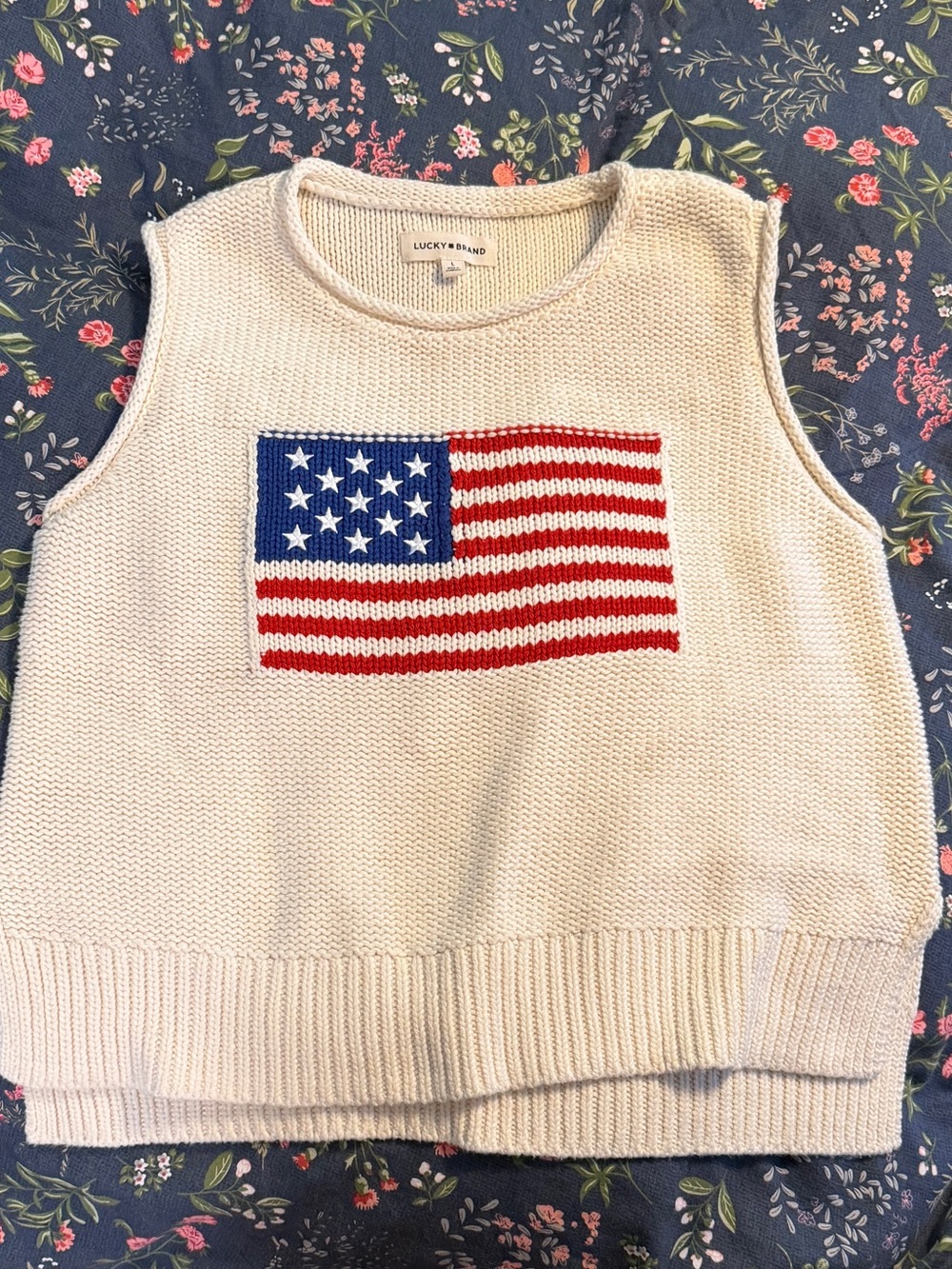 Lucky Brand Cream Knit Sleeveless Sweater with Flag Motif